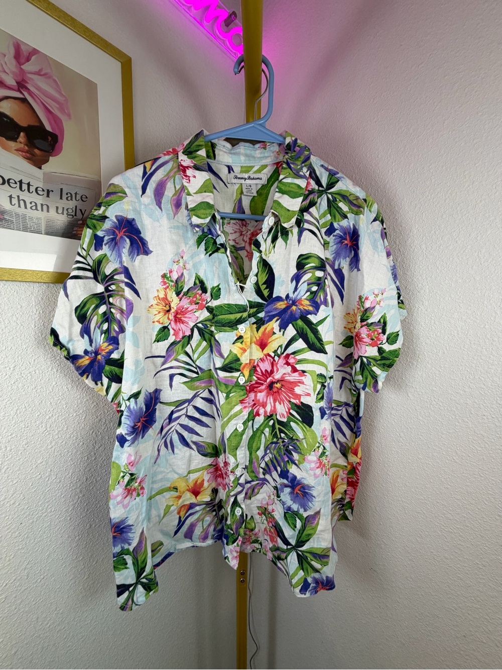 Tommy Bahama 100% Linen - Floral Hawaiian Shirt with Green and Purple Leaves LG